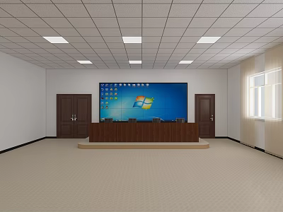Modern Meeting Room With Large Screen Wooden Conference Table White Walls And Recessed Lights 3d model