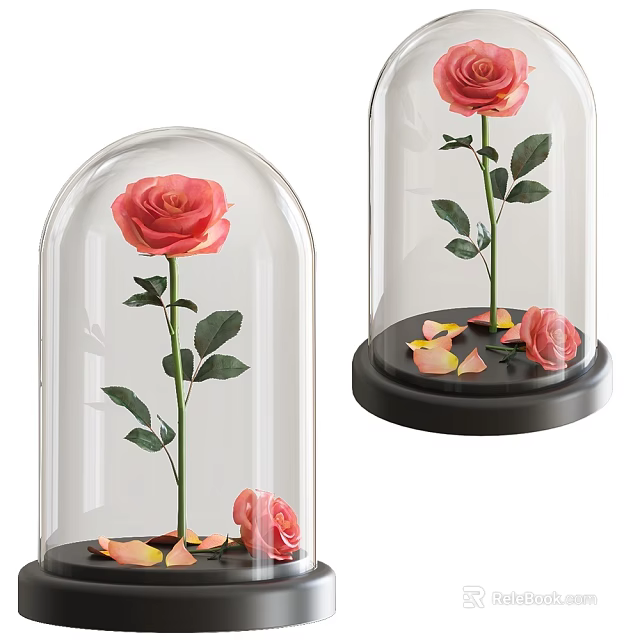 Decorative Ornament Set With Glass Dome Preserved Roses And Scattered Petals On Base 3d model 