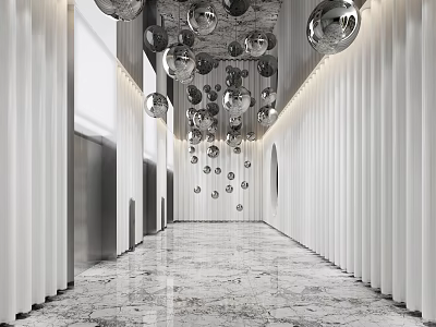 Modern Elevator Hallway Design With Hanging Silver Spheres Marble Floor And White Walls 3d model