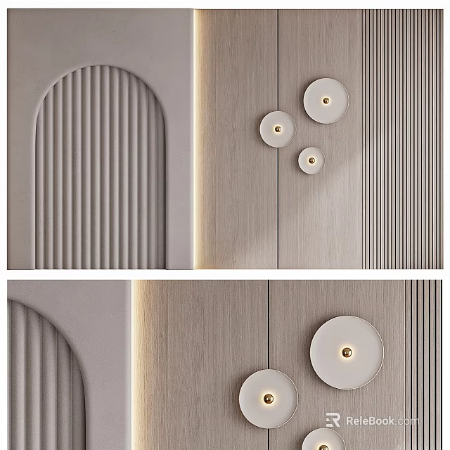 Modern Wall Sconces with Circular Design on Wooden Wall with Vertical Stripes and Curved Accent 3d model 