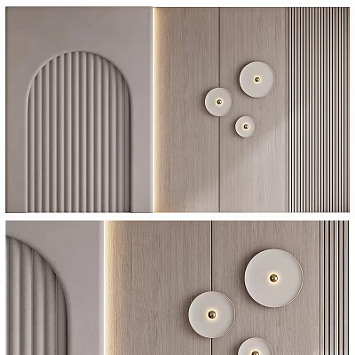 Modern Wall Sconces with Circular Design on Wooden Wall with Vertical Stripes and Curved Accent 3d model