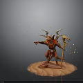 Red Demon Man with Horns Holding Staff and Golden Particles on Red Base
