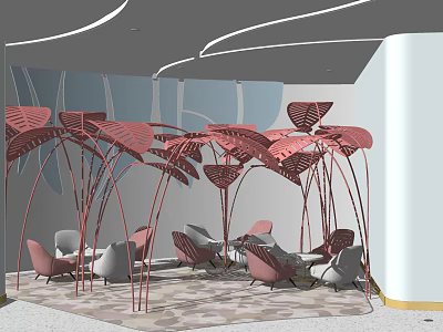 Modern Indoor Lounge Space With Pink Gray Chairs And Red Leaf Shaped Table Decor 3d model