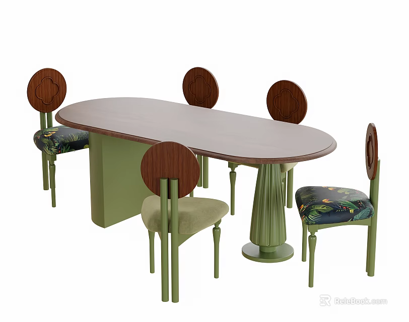 Stylish Oval Dining Table with Round Back Chairs Green Legs and Patterned Seats 3d model 