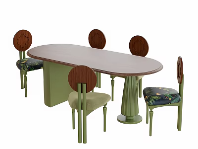 Stylish Oval Dining Table with Round Back Chairs Green Legs and Patterned Seats 3d model