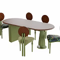 Stylish Oval Dining Table with Round Back Chairs Green Legs and Patterned Seats