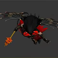 Fantasy Demoness With Red Horns Black Wings Red Skirt Tail And Flaming Torch