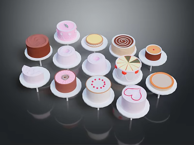 Assorted Colorful Decorated Small Cakes With Various Shapes And White Bases 3d model