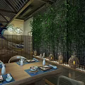 Traditional Japanese Restaurant Interior With Wooden Ceiling Washi Lanterns Wave Mural And Green Plants