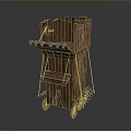 Ancient Wooden Functional Cart With Shelves Wheels And Projectile Mechanism Structure