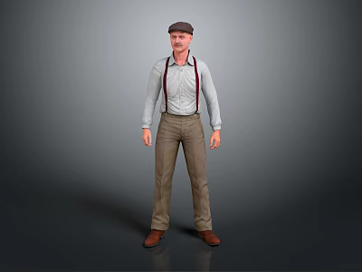 Man Standing in Light Gray Shirt with Brown Suspenders and Brown Pants Shoes 3d model