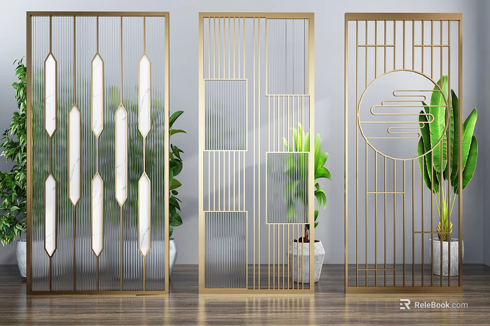 Modern Golden Frame Room Dividers With Geometric Patterns And Green Plants 3d model 
