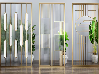 Modern Golden Frame Room Dividers With Geometric Patterns And Green Plants 3d model