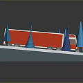 Red Truck Driving Through Snowy Ground With Blue Cone Shaped Trees