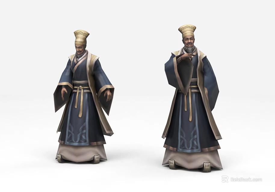 Game Film Character In Traditional Blue And Gold Robe With Ancient Hat And Different Poses 3d model 