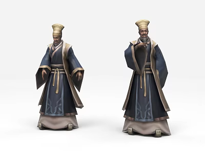 Game Film Character In Traditional Blue And Gold Robe With Ancient Hat And Different Poses 3d model
