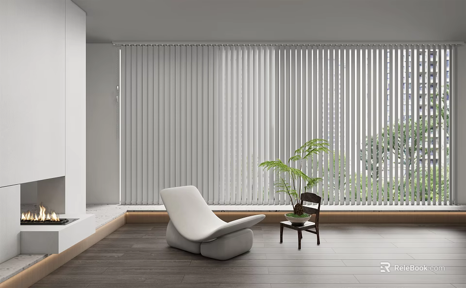 Modern Interior With Venetian Blinds On Large Window White Chair Small Table And Plant 3d model 