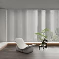 Modern Interior With Venetian Blinds On Large Window White Chair Small Table And Plant