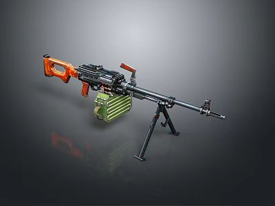 Tactical Machine Gun With Orange Components Green Ammo Box And Tripod Stand 3d model