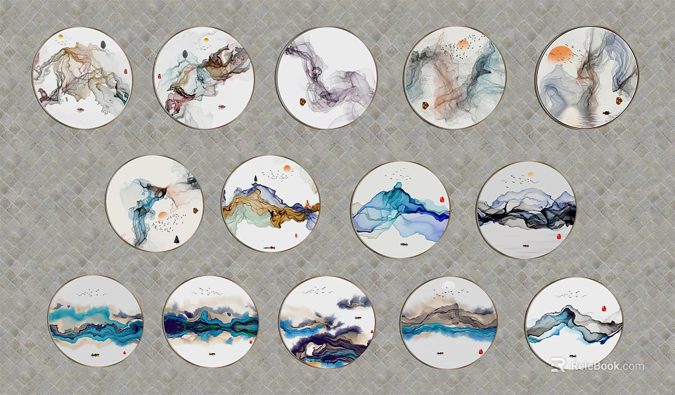 Round Frame Paintings With Colorful Abstract Patterns And Flowing Ink Wash Designs 3d model 