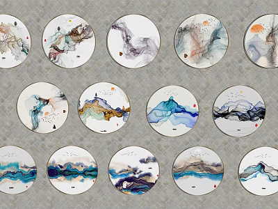 Round Frame Paintings With Colorful Abstract Patterns And Flowing Ink Wash Designs 3d model