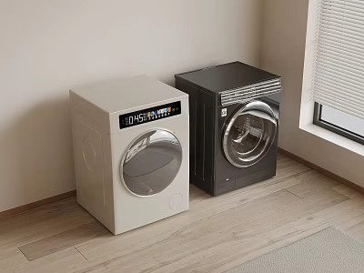 Two White and Black Washing Machines in Modern Home Interior with Wooden Floor 3d model