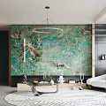 Modern Living and Dining Area Interior With Blue Sofa White Curtains And Large Plant