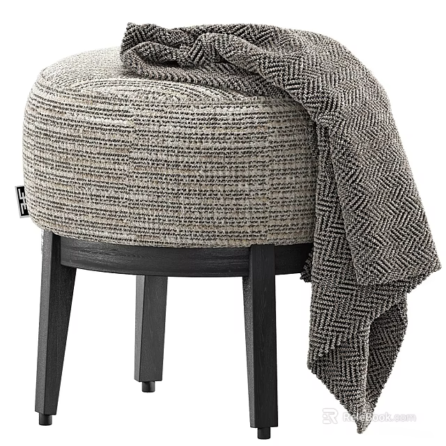 Cozy Round Light Gray Woven Texture Shoe Stool With Black Legs And Blanket 3d model 