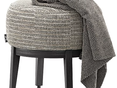 Cozy Round Light Gray Woven Texture Shoe Stool With Black Legs And Blanket 3d model