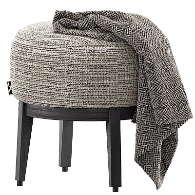 Cozy Round Light Gray Woven Texture Shoe Stool With Black Legs And Blanket 3d model