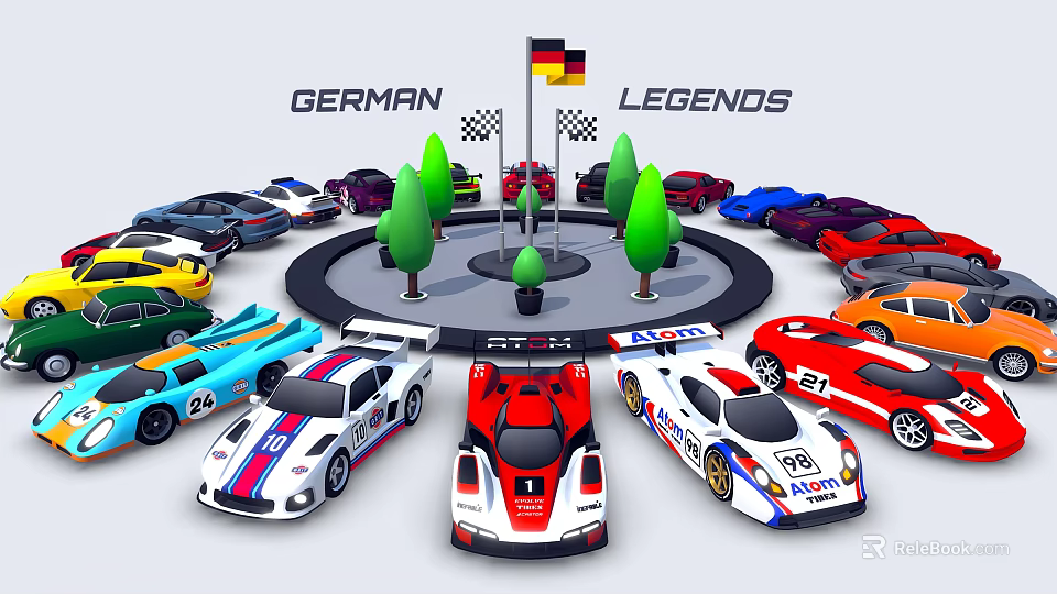 German Legends Vintage Racing Cars Display With Trees And Flag 3d model 