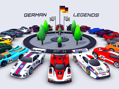 German Legends Vintage Racing Cars Display With Trees And Flag 3d model German Legends Vintage Racing Cars Display With Trees And Flag 3d model