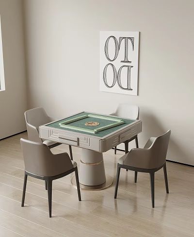 Modern Entertainment Table With Green Surface Drawer Storage And Four Gray Chairs In Interior 3d model