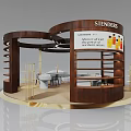 Modern Circular Exhibition Booth With Wooden Structure SIDORS Signage Central Table And Marble Elements