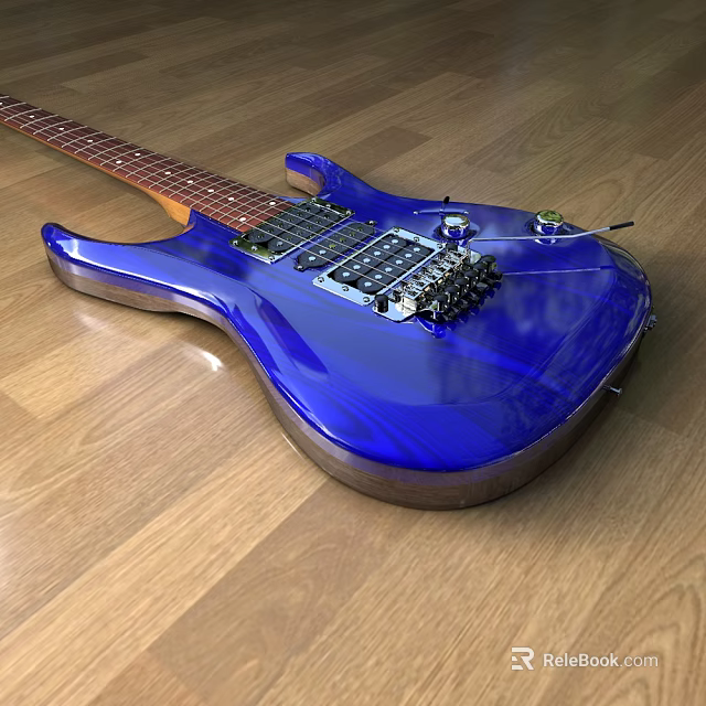 Shiny Blue Electric Guitar Musical Instrument On Wooden Floor With Neck And Pickups 3d model 