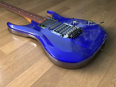 Shiny Blue Electric Guitar Musical Instrument On Wooden Floor With Neck And Pickups 3d model