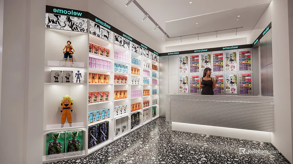 Vibrant Store Interior With Comics Action Figures On Shelves And Staff At Counter 3d model 