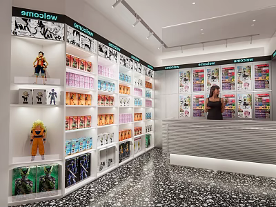 Vibrant Store Interior With Comics Action Figures On Shelves And Staff At Counter 3d model
