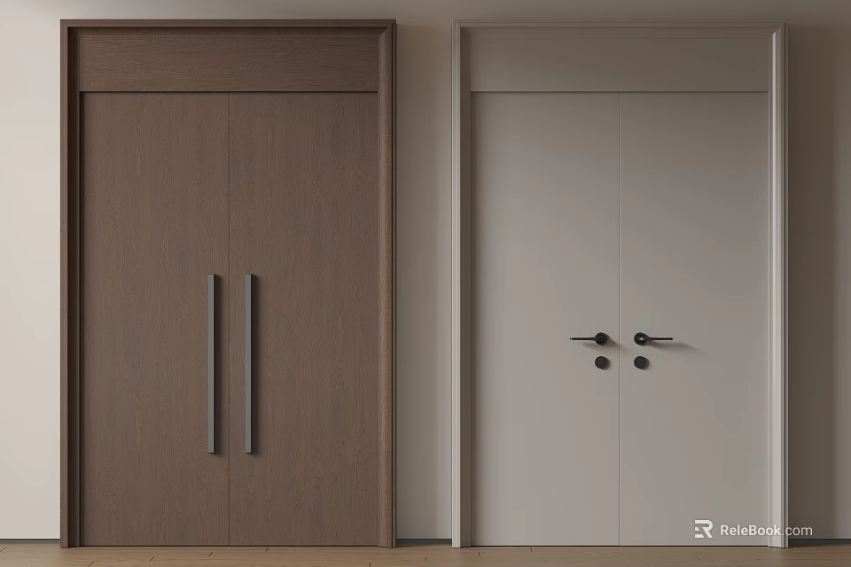 Modern Double Doors In Dark Brown And Light Gray With Long Bar And Round Handles 3d model 