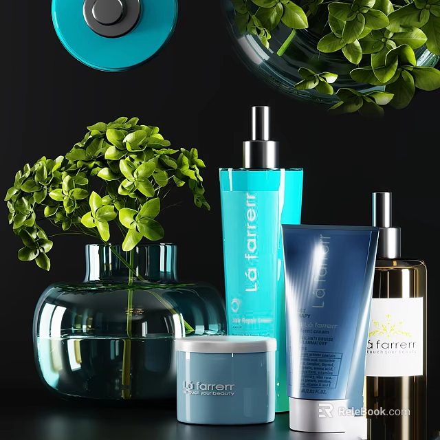 Elegant Daily Cleansing Skincare Products With Blue Bottles Green Plants And Transparent Vase 3d model 