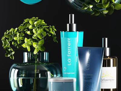 Elegant Daily Cleansing Skincare Products With Blue Bottles Green Plants And Transparent Vase 3d model