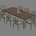 Outdoor Wooden Table with Eight Rattan Backrest Chairs Water Jug and Decorative Balls on Top