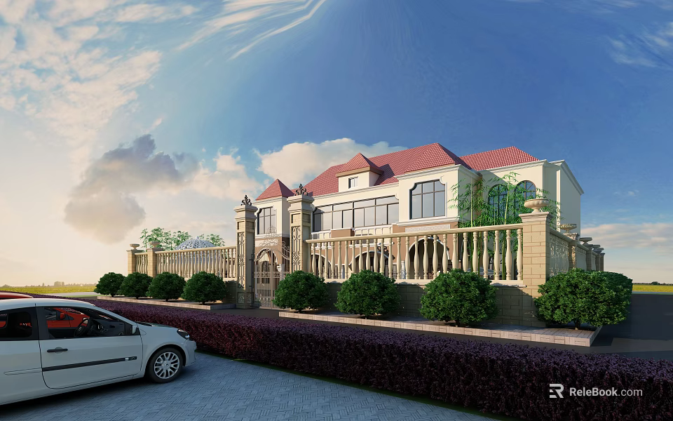 Detached Villa With Red Roof Beige Exterior Lush Green Shrubs White Car Nearby Blue Sky 3d model 