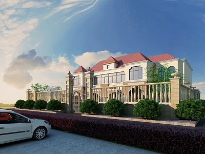 Detached Villa With Red Roof Beige Exterior Lush Green Shrubs White Car Nearby Blue Sky 3d model
