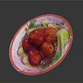 Delicious Braised Red Meatballs with Fresh Green Vegetables and Sauce on Ceramic Plate