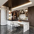 Modern Living And Dining Room Interior With Large Windows Chandelier Sofa And Marble Countertop