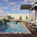 Modern Swimming Pool With Lounge Chairs Umbrella Plants And Wooden Deck