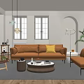 Modern Living Room Interior With Beige Sofa Round Coffee Table Floor Lamp And Potted Plants