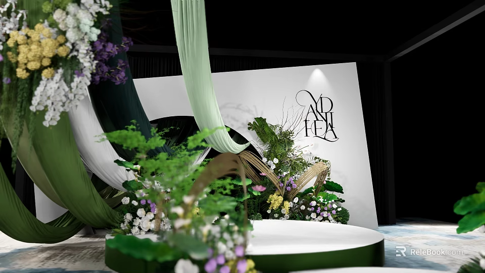 Modern Garden Landscape Design With Green Plants Flowers White Backdrop And Black Letter Decoration 3d model 