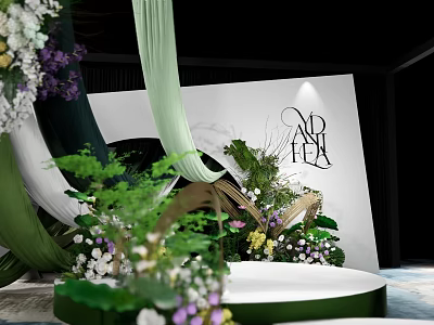 Modern Garden Landscape Design With Green Plants Flowers White Backdrop And Black Letter Decoration 3d model